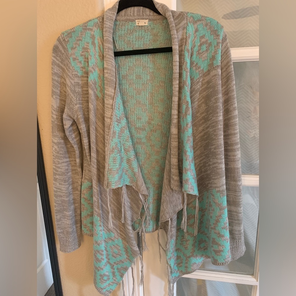 Gray sweater cardigan turquoise teal